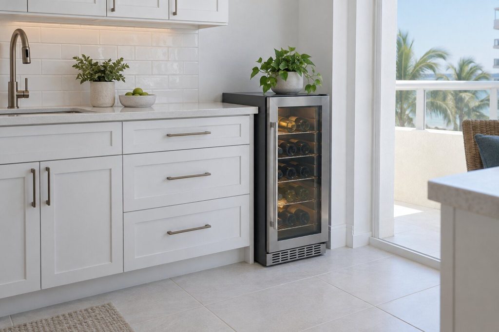 A narrow freestanding beverage and wine cooler with a single glass door and wire shelves of bottles lying flat, standing at the end of a light kitchen run against white cabinets.