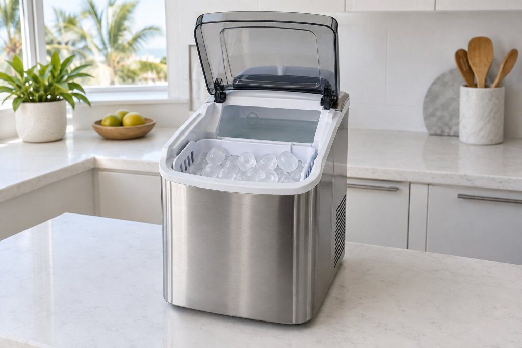 A small stainless countertop ice-making machine the size of a coffee maker standing on a light quartz counter with its top lid open, showing a shallow water reservoir and a basket of clear bullet-shaped ice.