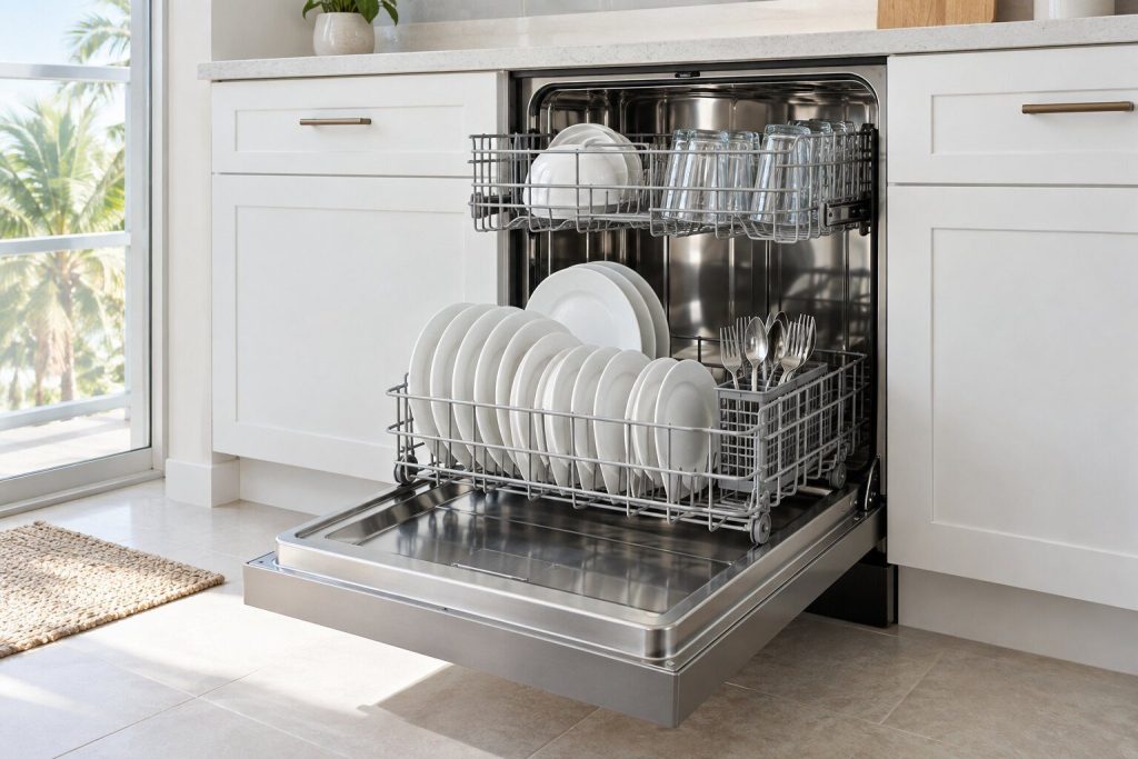 A stainless front-control dishwasher built into a white cabinet run with its door dropped open and both racks pulled out, plain white plates and glasses loaded, a stainless tub interior.