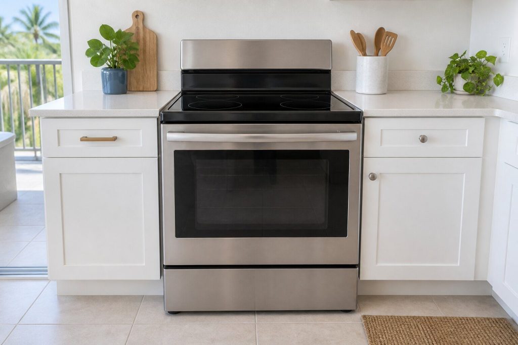 A freestanding stainless electric range with a smooth black ceramic top slotted between white builder cabinets, oven door closed, plain bar handle.