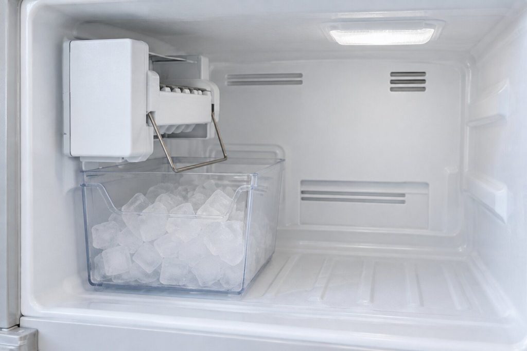 The inside of a top-freezer compartment with its door open, a white plastic ice maker module mounted on the left wall with its wire shut-off arm in the down position and a clear bin of cubes below it.