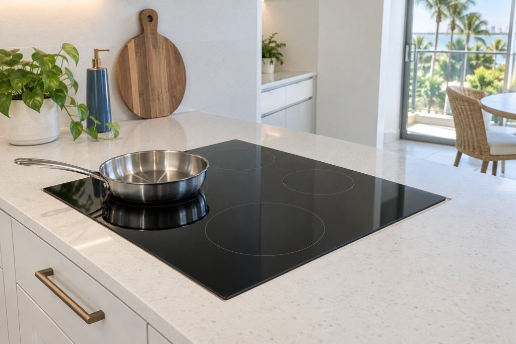 A four-zone black ceramic induction cooktop set flush into a pale quartz counter in a bright kitchen, the zone outlines just visible on the dark glass, one stainless pan standing on the front left zone.