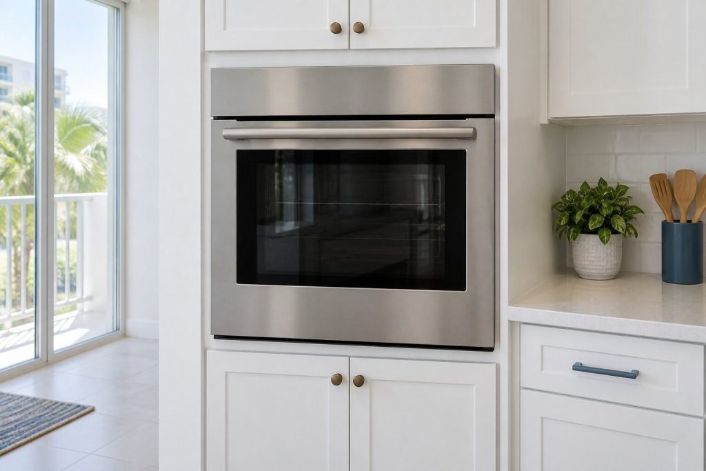 A single stainless wall oven set into a tall white cabinet at chest height, its door closed and its glass dark, a plain bar handle across it.