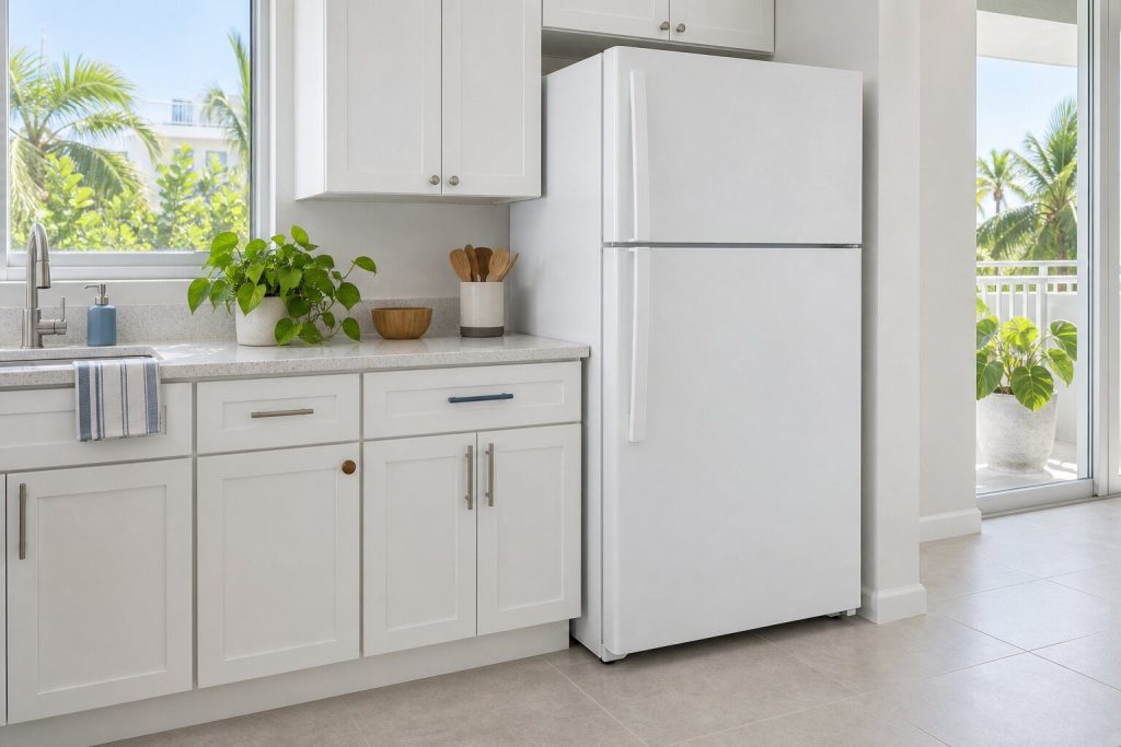 A white two-door top-freezer refrigerator standing at the end of a run of plain white builder cabinets in a bright condominium kitchen, freezer door above and fresh-food door below, plain flat handles.