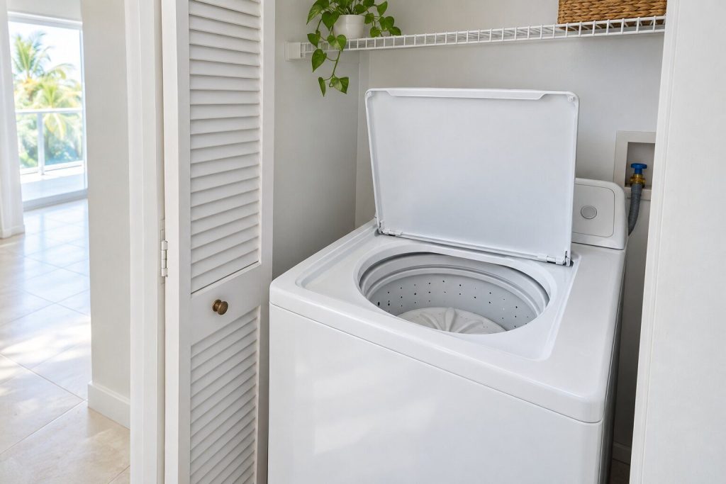 A white top-load washing machine standing in a bright laundry closet with its lid raised, showing an empty white plastic tub and a shallow impeller plate in the bottom.
