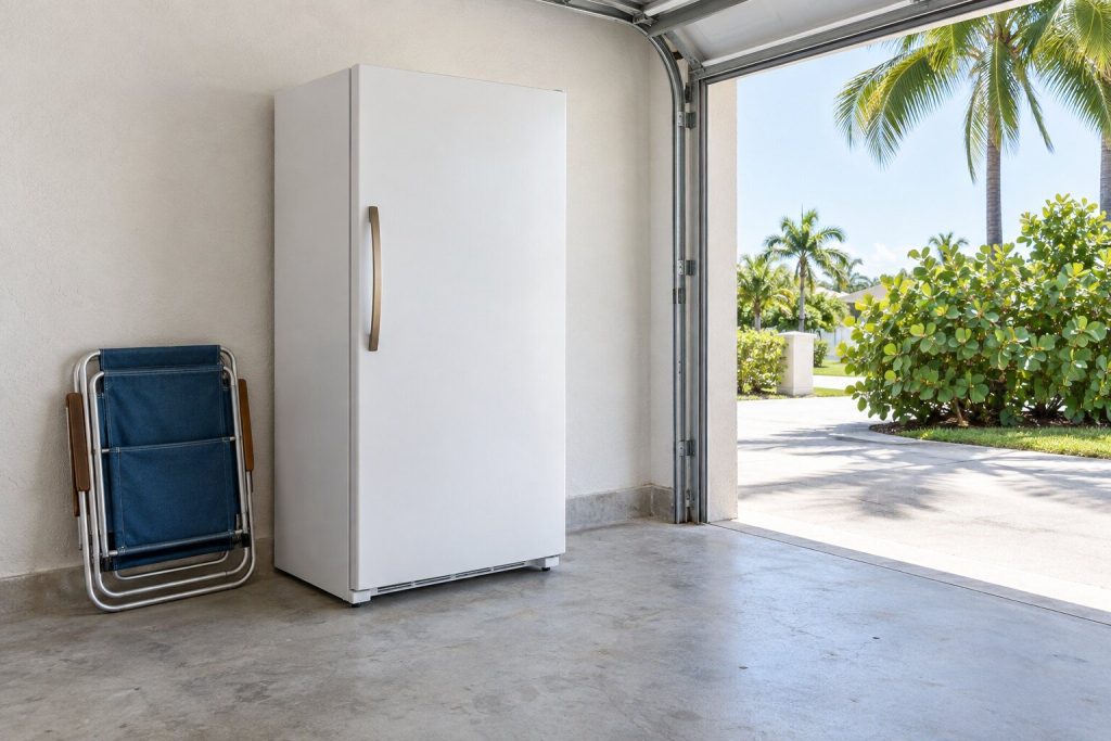 A single-door white upright freezer standing against a pale stucco garage wall beside a folded beach chair, its door closed, a concrete floor and bright daylight through an open roller door with palms and a driveway beyond.
