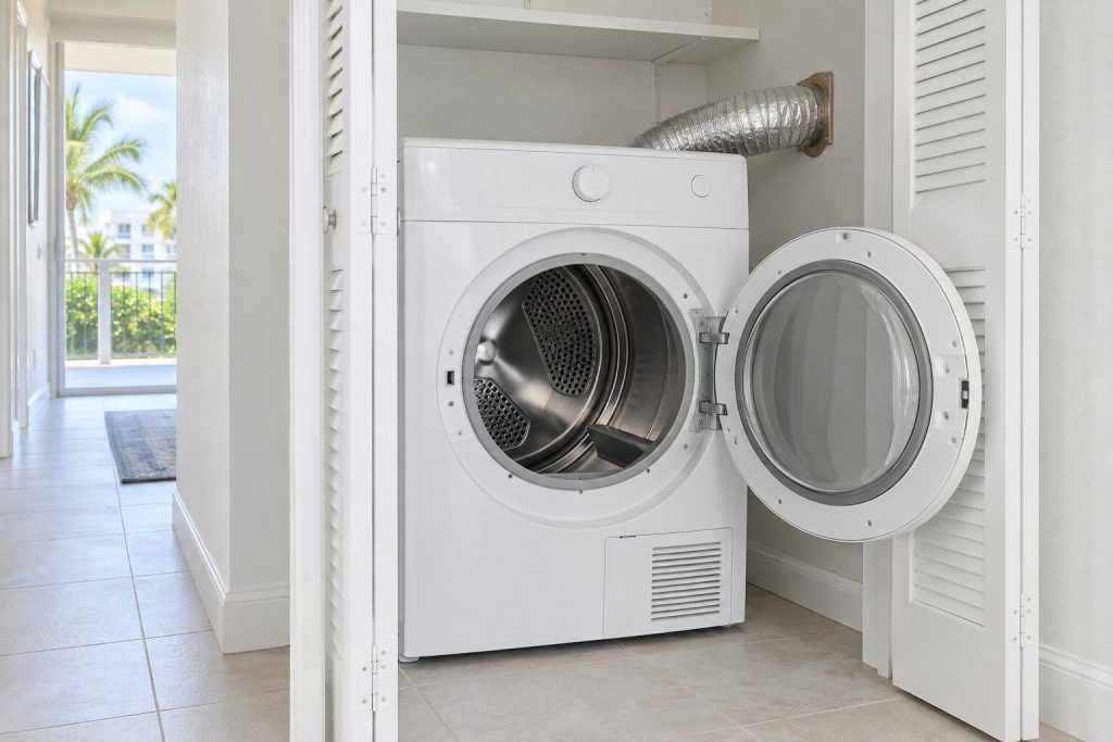 A white front-loading vented dryer in a narrow laundry closet with its door swung open, an empty stainless drum inside and a flexible foil duct visible behind the machine going into the wall.