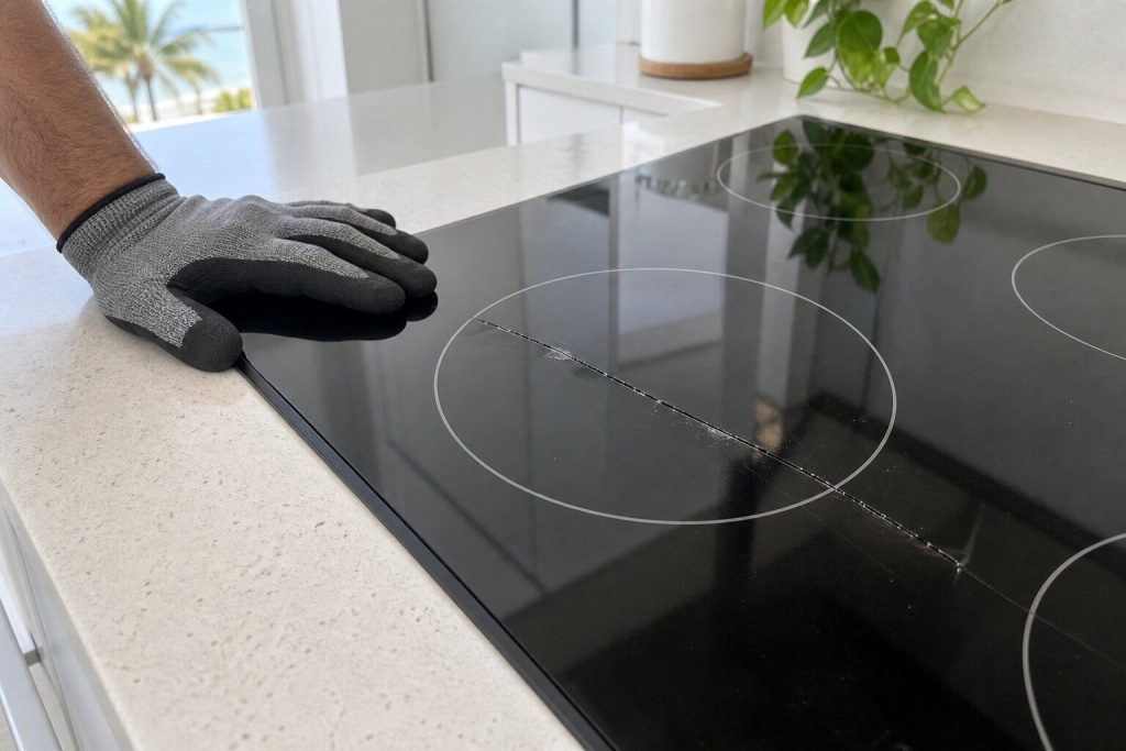 A gloved hand resting flat beside a long crack running across a black ceramic cooktop set into a pale counter, the crack passing through one zone outline, bright daylight.
