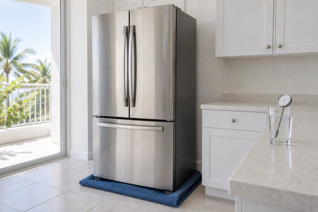 A brand-new stainless refrigerator standing on a folded moving blanket in a bright empty kitchen with its doors closed and packing tape residue still on one edge, a dial thermometer in a glass of water on the counter beside it.