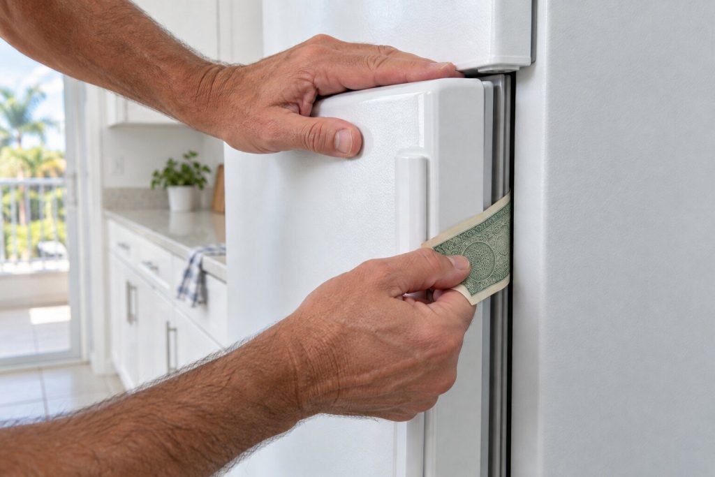 Two hands closing a dollar bill in the door of a white refrigerator and drawing it out against the gasket at the corner, the door almost shut, bright kitchen daylight.