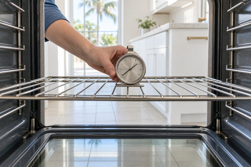 A round dial oven thermometer being set on the middle rack of an open oven cavity by one hand, the cavity empty and cool, a bright light kitchen beyond the door.