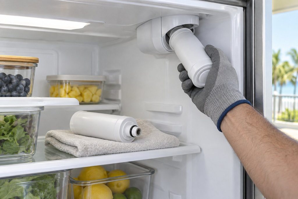 A gloved hand twisting a cylindrical water filter cartridge into its housing inside the top right of a refrigerator compartment, the old cartridge lying on a towel below.