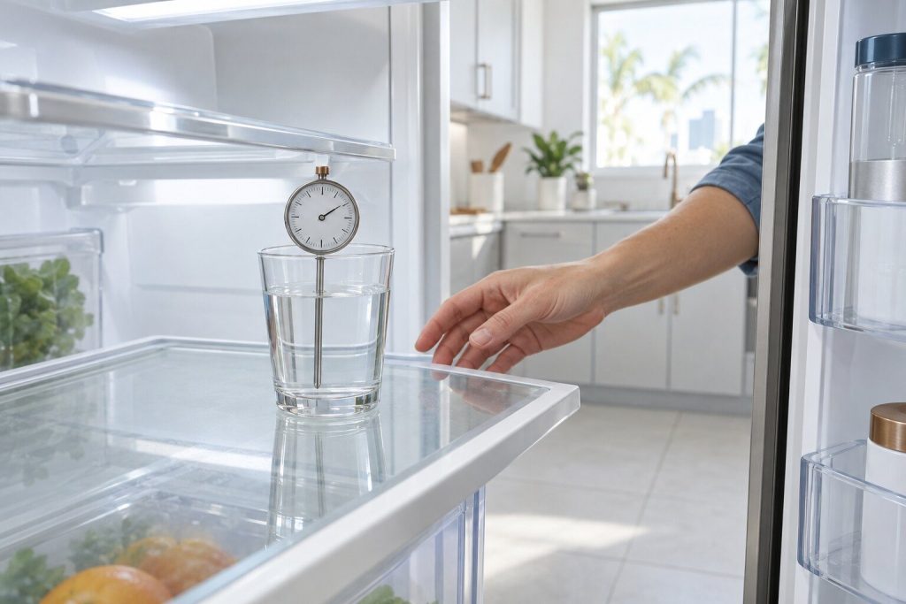 A glass of water with a dial thermometer standing in it on the middle shelf of an open refrigerator, one hand withdrawing from the shelf, bright kitchen daylight.