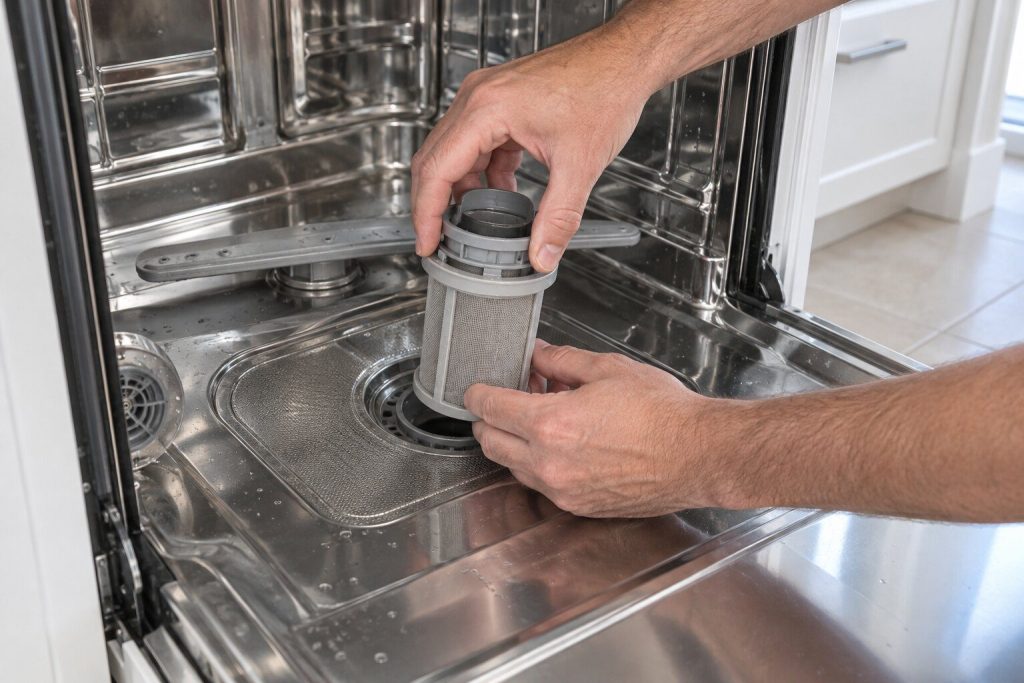 Two hands twisting the mesh filter cylinder out of the floor of a dishwasher tub with the lower rack pulled right out, the flat screen beneath it still in place, bright daylight.