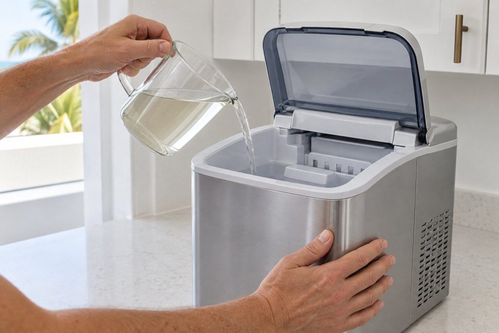 A measuring jug pouring pale vinegar solution into the open reservoir of a small countertop ice machine, one hand steadying the machine on a light counter, bright kitchen daylight.