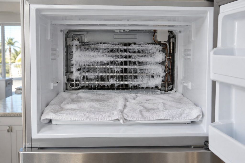 An emptied freezer compartment with its rear panel off and towels laid across the shelf below, the evaporator coil thick with melting frost and water beading down it, bright daylight.