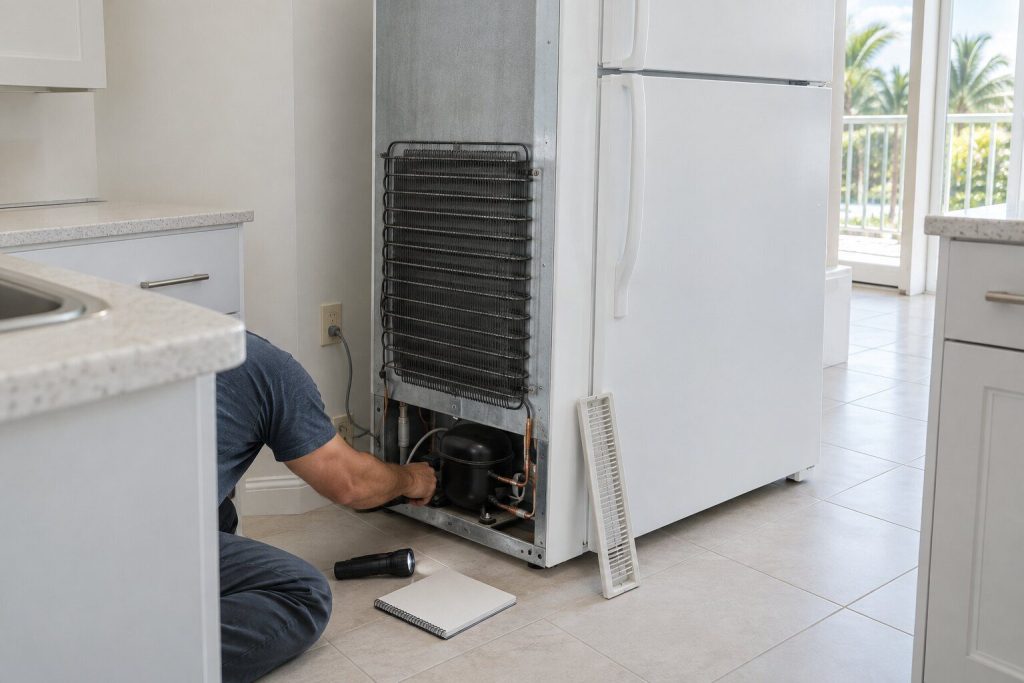 A white top-freezer refrigerator pulled out from a light kitchen wall with its base grille off and leaning against the cabinet, the compressor and the coil visible low at the back, a notebook and a torch on the pale tile floor beside it.