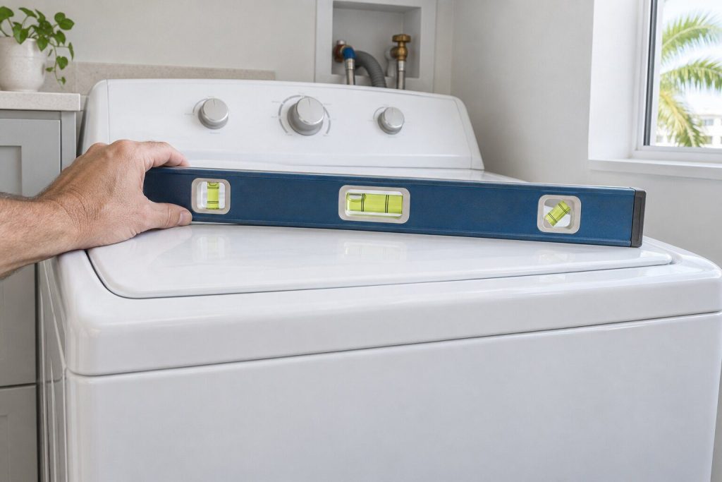 A spirit level lying across the top of a white washing machine in a bright laundry closet, one hand steadying it, the bubble plainly off center.