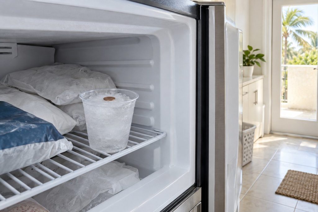A cup of solid ice with a coin resting on its surface standing on a freezer shelf among frozen packets, the freezer door open onto a bright utility room.