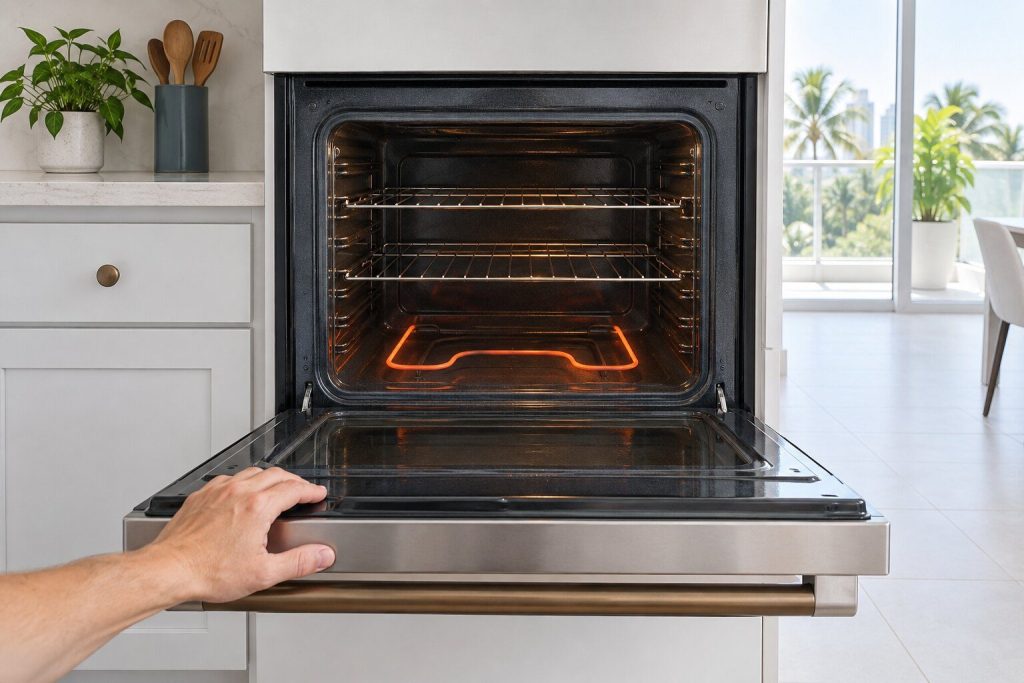 An open oven cavity seen from the front with the bake element in the floor glowing dull orange and the racks empty, a hand resting on the open door edge, a bright kitchen behind.