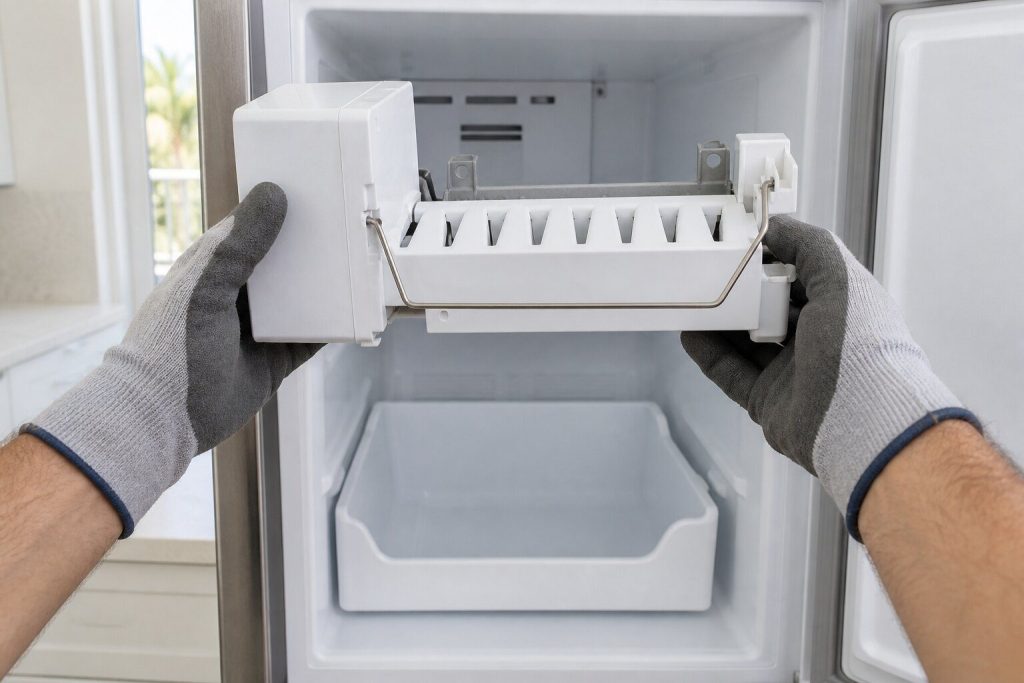 A white ice maker module held in two gloved hands clear of an open freezer compartment, its mold tray and wire shut-off arm plainly visible, the empty bin below in the cabinet.
