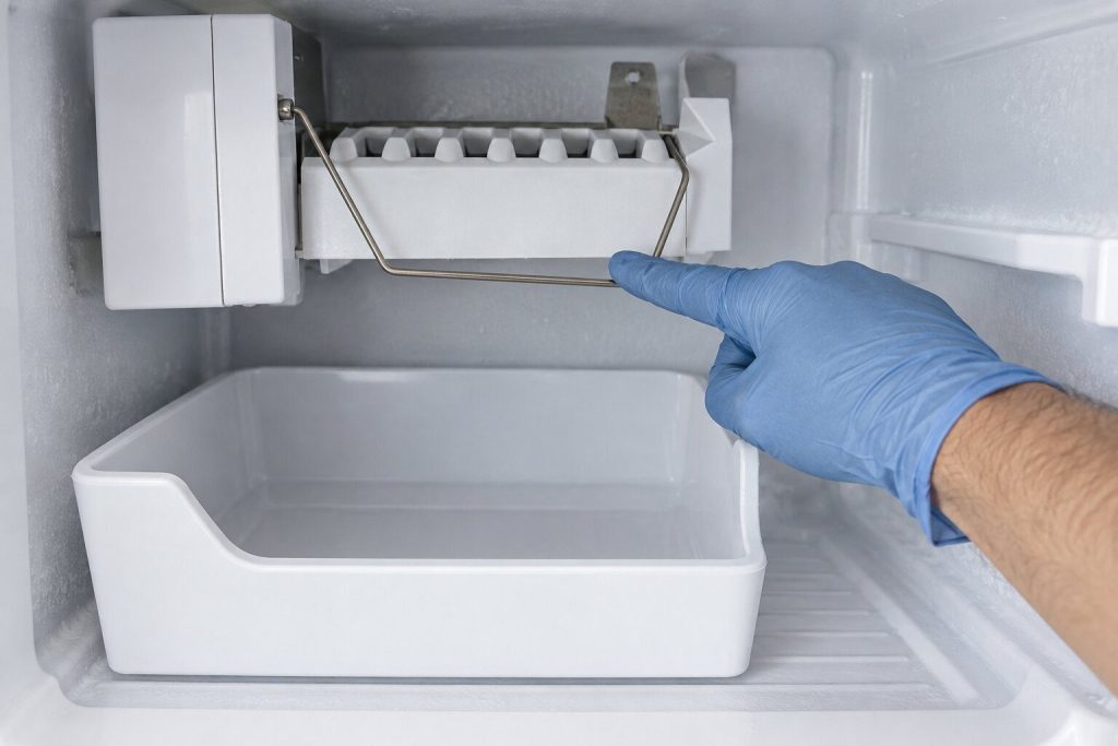 A gloved finger pushing the wire shut-off arm of a freezer ice maker down into its running position, the ice bin pulled out and empty on the shelf below, cold interior light.