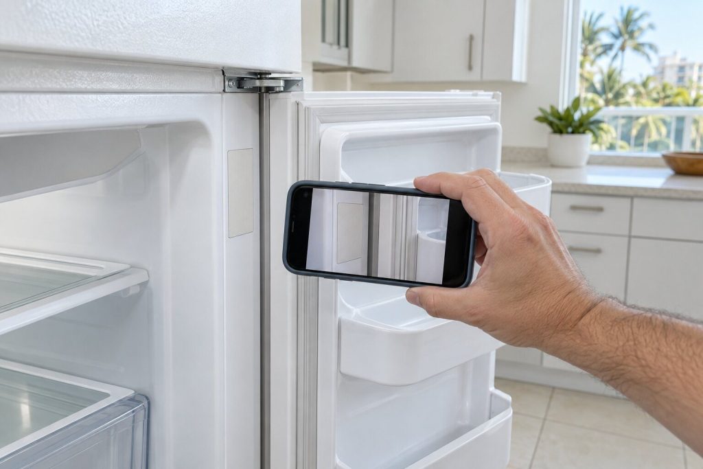 A phone held in one hand photographing the rating plate inside the open door frame of a white refrigerator, the plate blank of legible text, bright kitchen daylight.