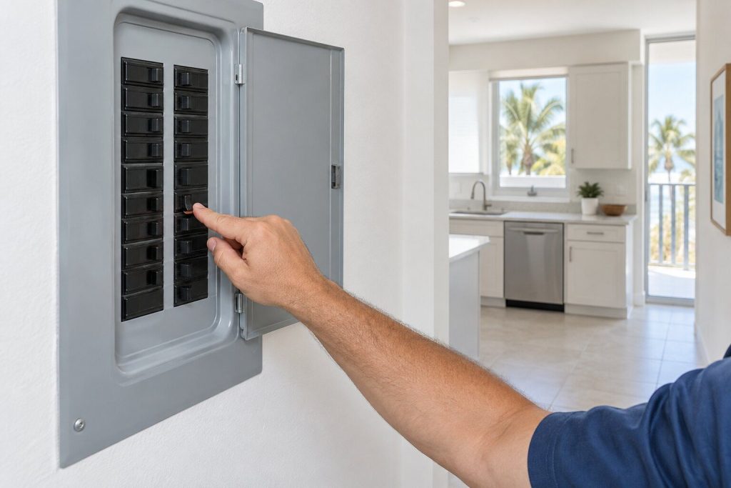 A hand at an open household breaker panel with one breaker switched off, a bright hallway wall around it and a kitchen visible beyond.