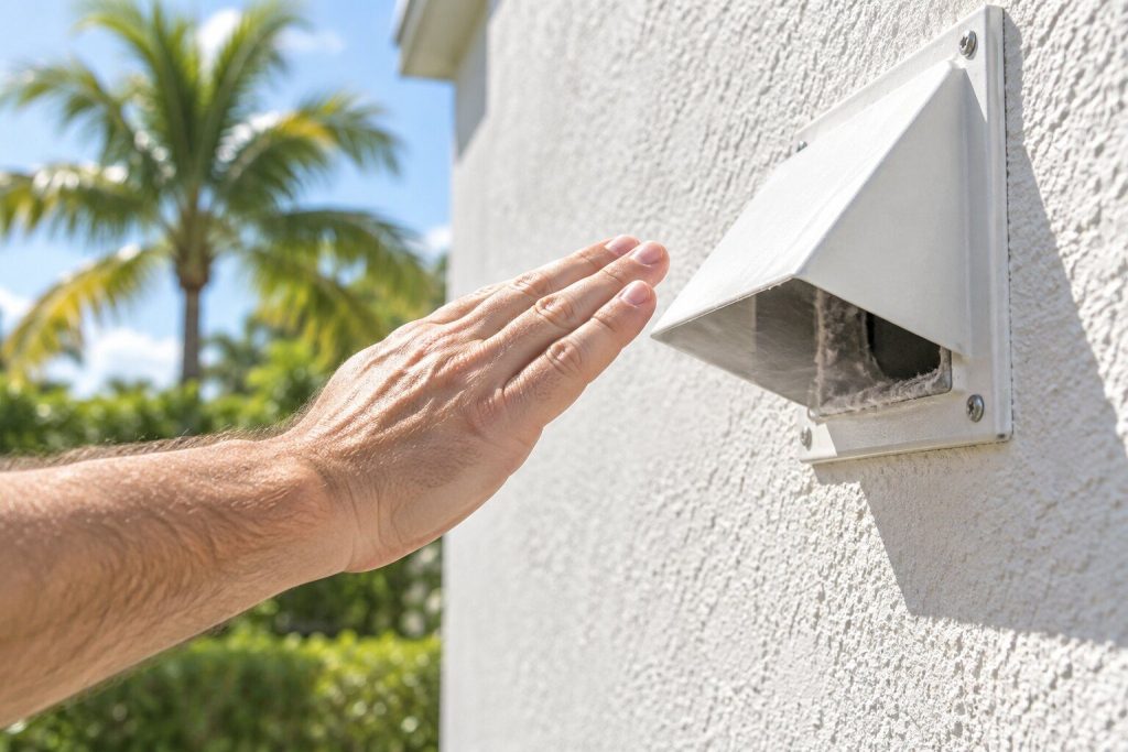 A hand held flat at the outside vent flap of a house wall with the flap lifted and warm air moving past it, bright Florida daylight on pale stucco and a palm beyond.