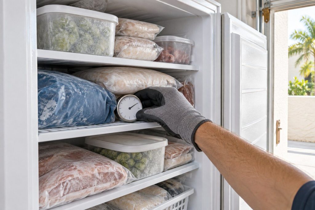 A dial thermometer being placed between two frozen packets inside an upright freezer by a gloved hand, the shelves packed, bright garage daylight through the open door.