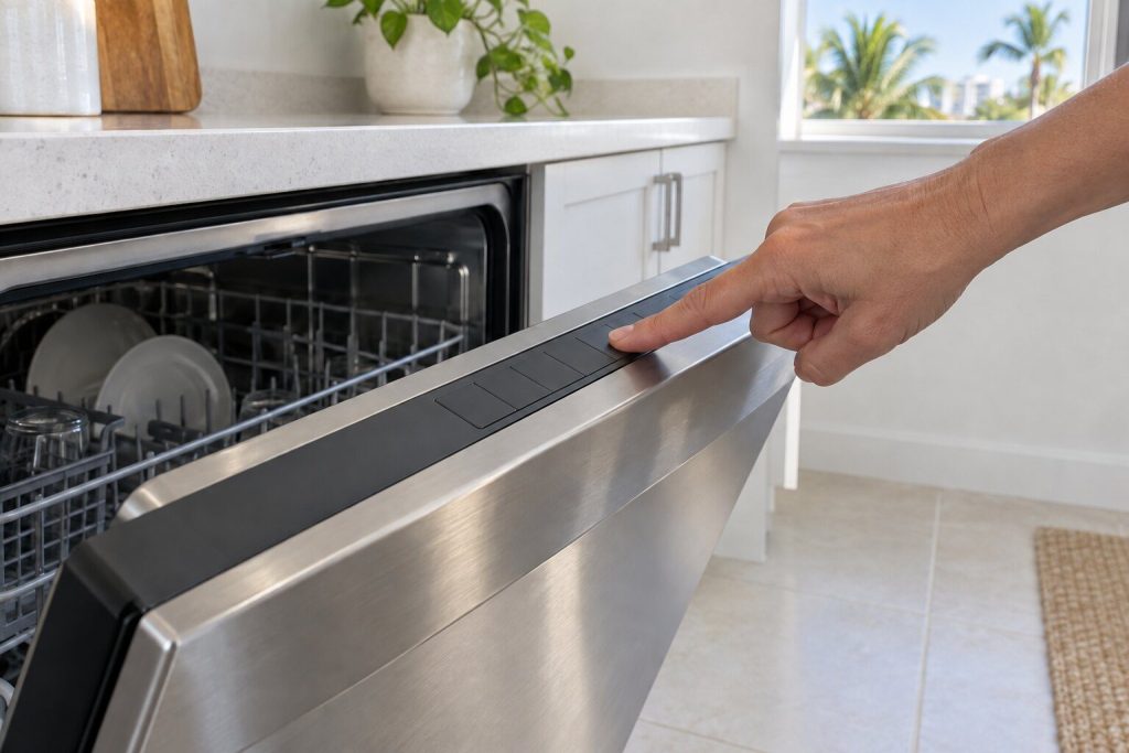 A finger held down on one unmarked key of a stainless dishwasher's top control strip with the door tipped open, the rest of the panel plain and unlit, bright kitchen daylight.