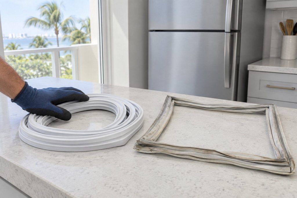 A new refrigerator door gasket coiled on a light counter beside the old hardened one lying flat and creased, a gloved hand resting on the new one, bright kitchen daylight.