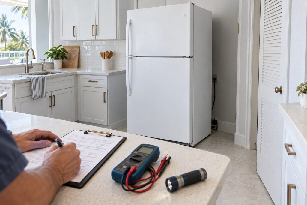 A clipboard and a written estimate resting on a light kitchen counter beside a multimeter and a torch, a white refrigerator standing pulled out behind, bright daylight.