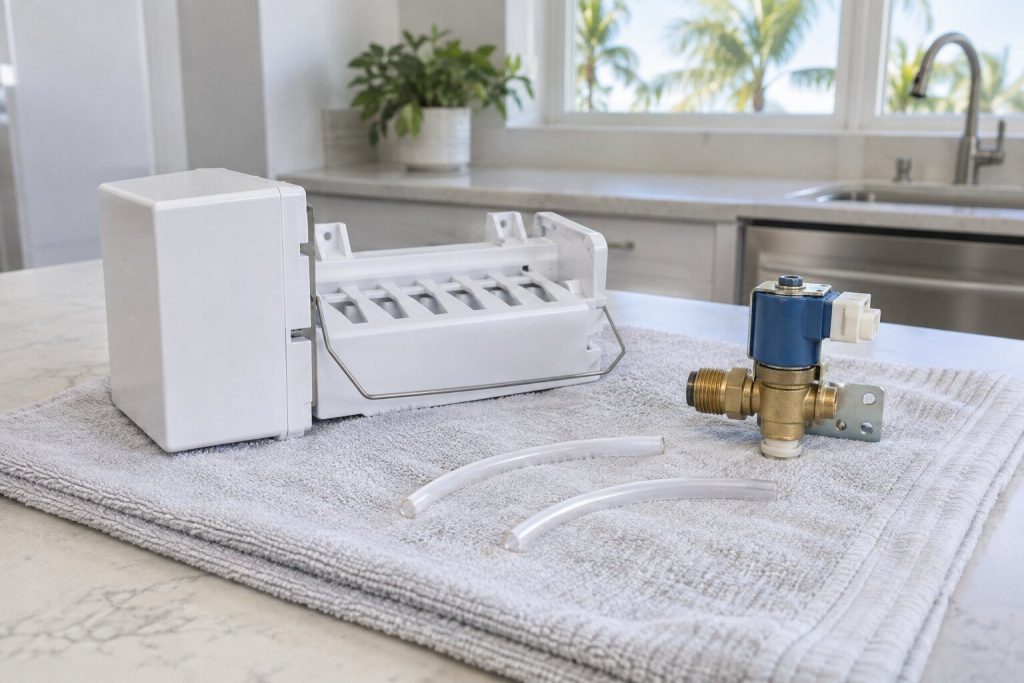A white ice maker module and a brass fill valve with two short lengths of quarter-inch tubing laid side by side on a folded towel on a light counter, bright daylight.