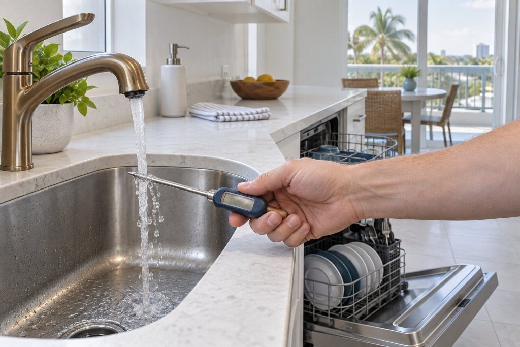 A hand holding a cooking thermometer under a running kitchen hot tap beside an open dishwasher door, water streaming over the probe, a bright light kitchen behind.