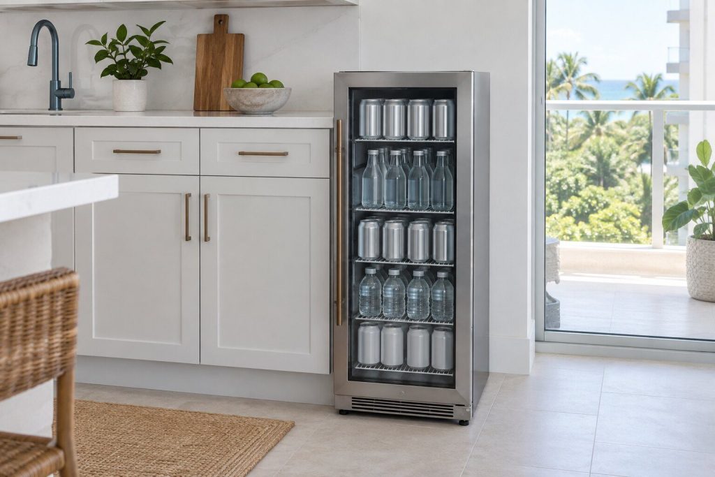 A narrow freestanding glass-door beverage cooler with wire shelves of cans and bottles, standing at the end of a white kitchen run.