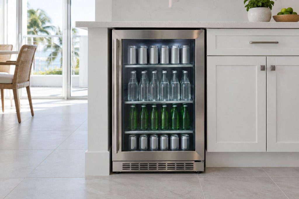 A stainless-framed glass-door beverage cooler standing under a light counter overhang in a bright kitchen, its interior softly lit.
