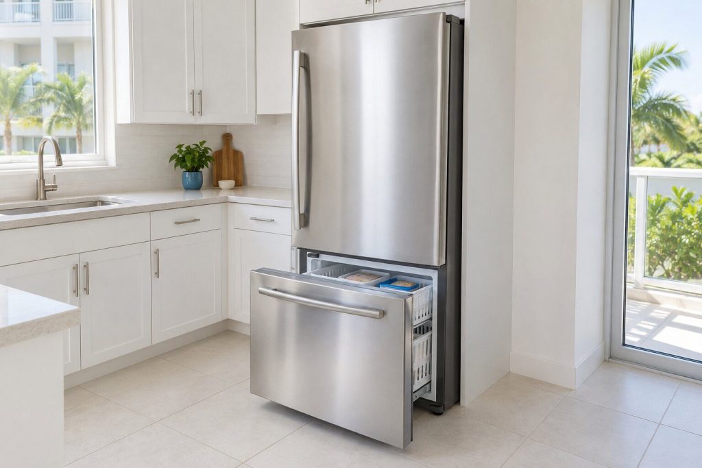 In stainless, the upper fresh-food door closed and the lower freezer drawer half out on its rails showing baskets, bright kitchen daylight.