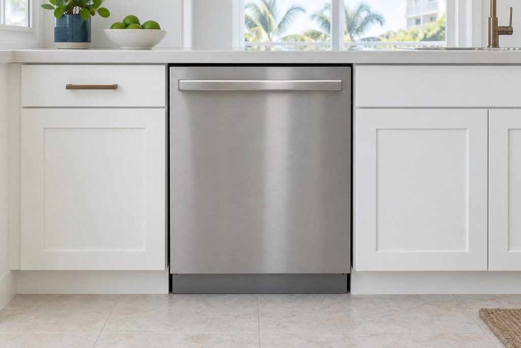A stainless front-control dishwasher built into a white cabinet run, door closed, bright kitchen daylight on a pale tile floor.