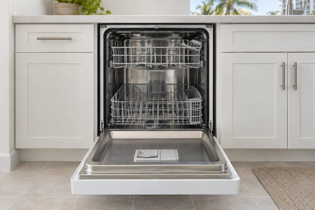 A white top-control dishwasher with its door dropped fully open and both racks in, seen from the front in a light kitchen.