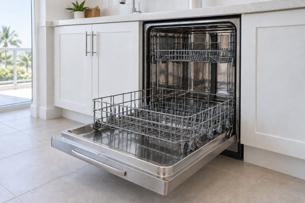A stainless dishwasher with the lower rack pulled out and empty, the stainless tub interior visible, bright daylight.