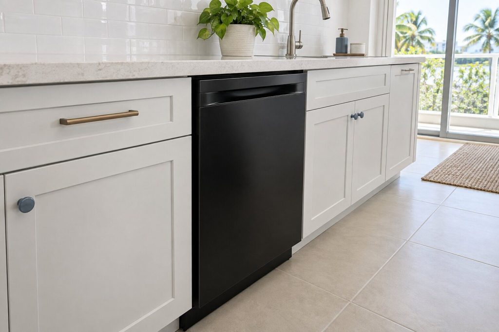 A black dishwasher door closed flush in a light cabinet run seen at an angle along the counter, pale quartz above.