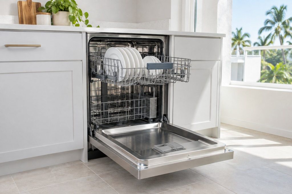 A stainless dishwasher with its door open and the upper rack pulled out holding plain white plates, bright kitchen behind.