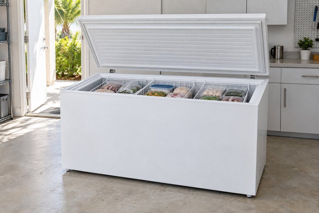 A long white chest freezer with its lid raised on its hinge showing three wire baskets over a packed well, in a bright garage.