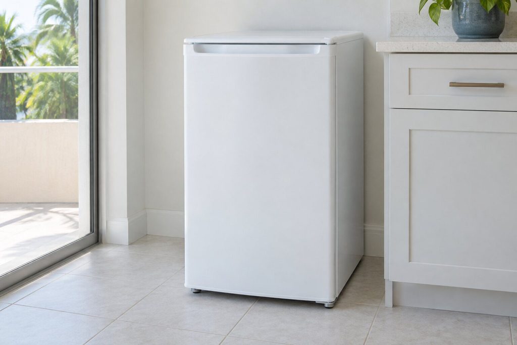 A small white under-counter-height compact refrigerator standing alone on a pale tile floor beside a light cabinet, its single door closed, bright daylight.