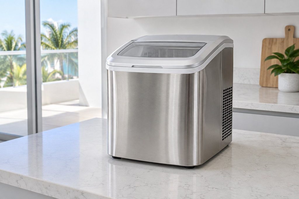 A small stainless countertop ice machine on a light quartz counter with its lid closed, no plumbing behind it, bright kitchen daylight.