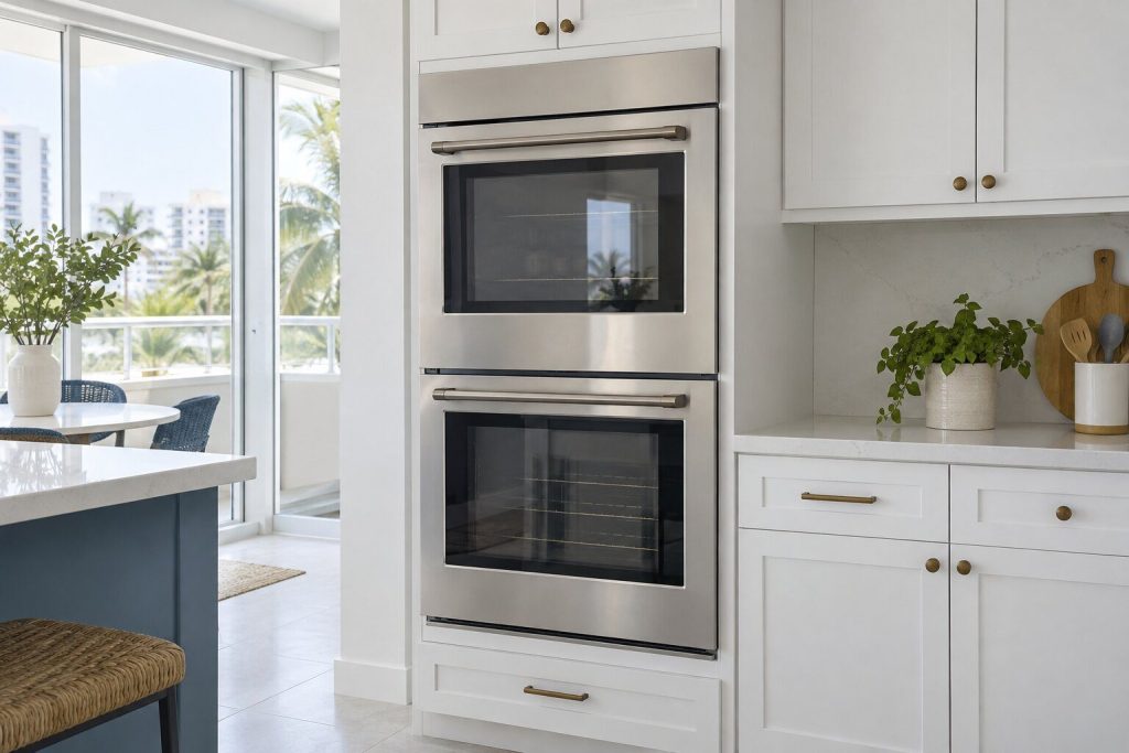 A stainless double wall oven, two cavities stacked in one tall white cabinet, both doors closed, bright kitchen daylight.
