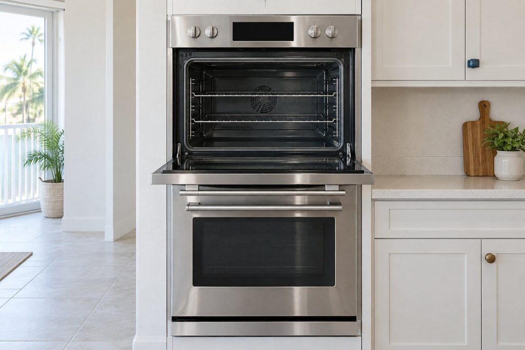 A stainless double wall oven with the upper door open onto an empty cavity and the lower door closed, in a light kitchen.