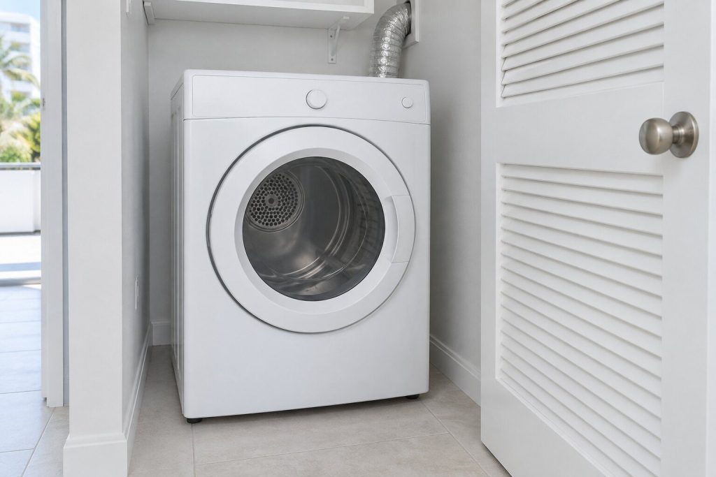 A white front-loading vented dryer standing alone in a bright laundry closet, door closed, a flexible foil duct visible behind it.