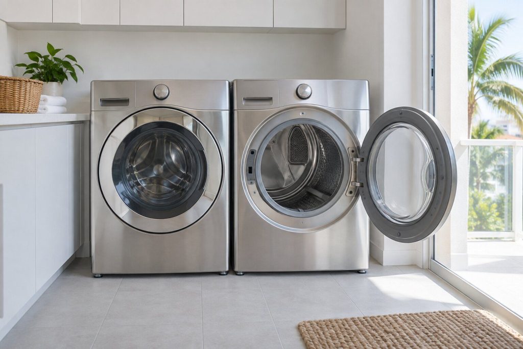 A stainless-fronted vented dryer with its door open onto an empty drum, standing beside a matching washer on a pale tile floor in bright daylight.
